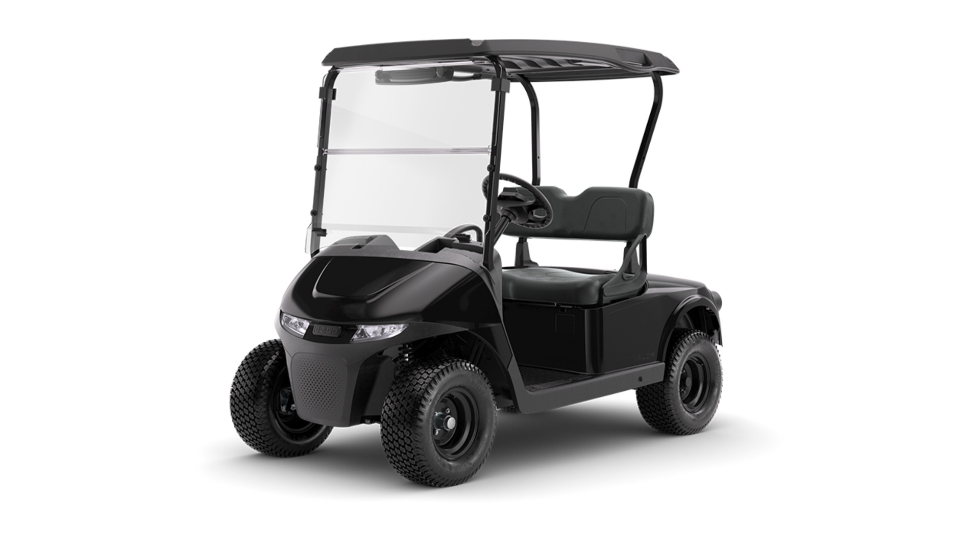 Black two-seat golf cart in Costa Mesa with clear windshield, canopy roof, compact body, and turf-style tires.