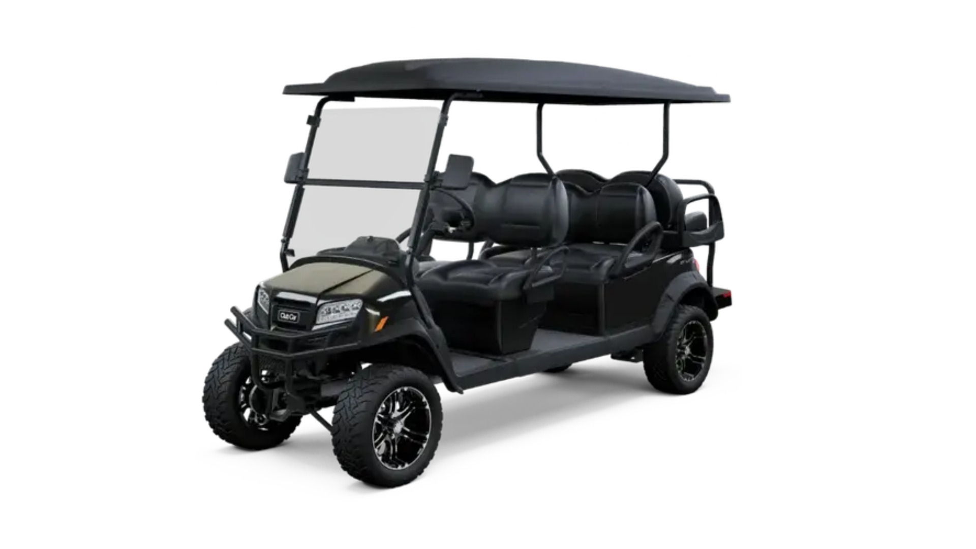 Black lifted six-passenger golf cart in Rancho Cucamonga with canopy roof, rear seating, and rugged tires.
