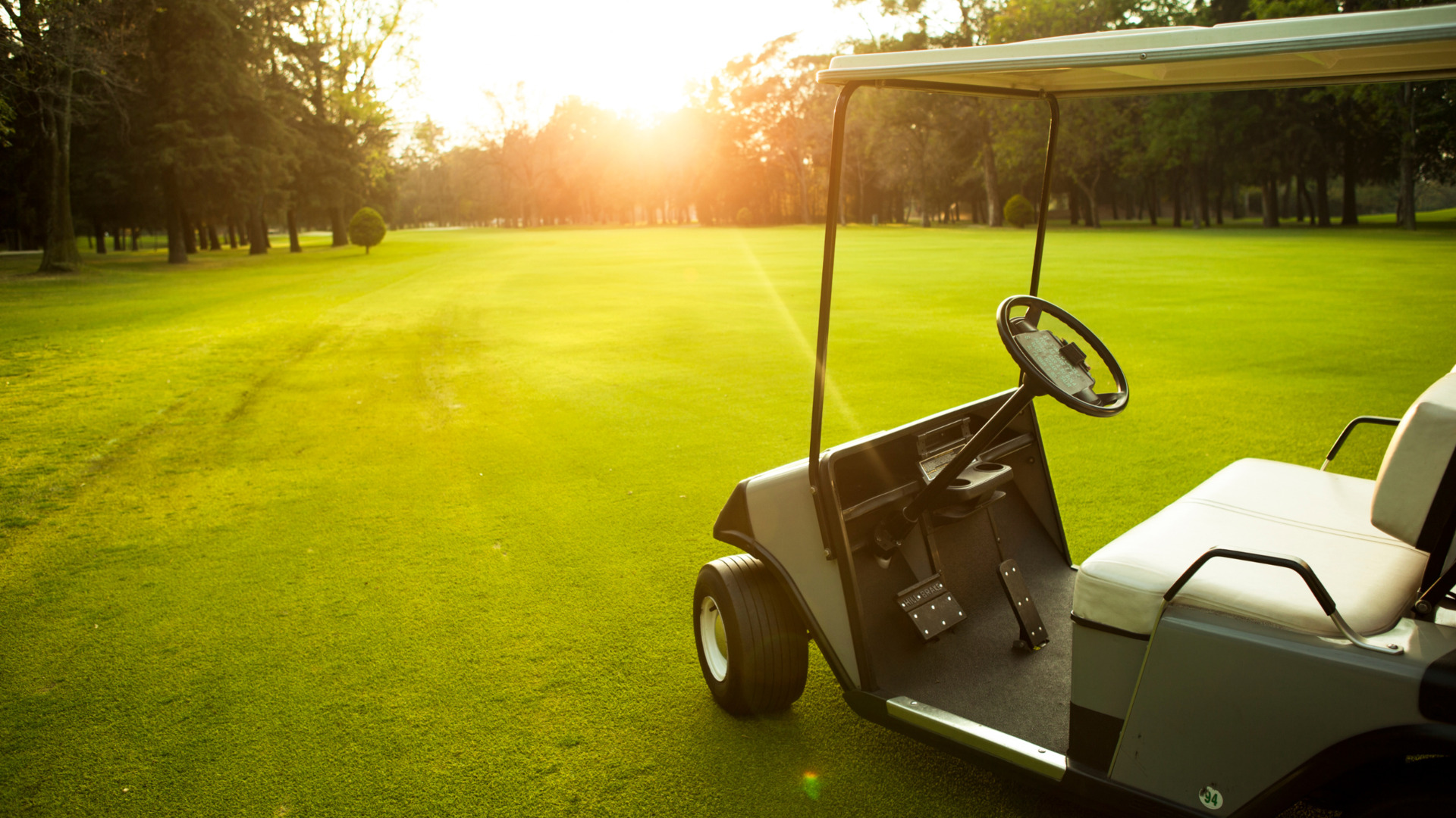 Golf cart parked on a sunlit golf course with green fairway and trees in the background.