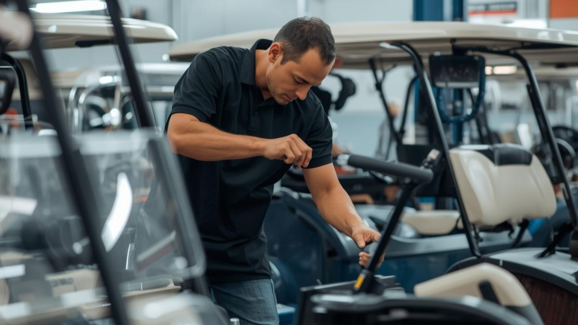 Technician servicing a golf cart inside a showroom with multiple carts in the background.