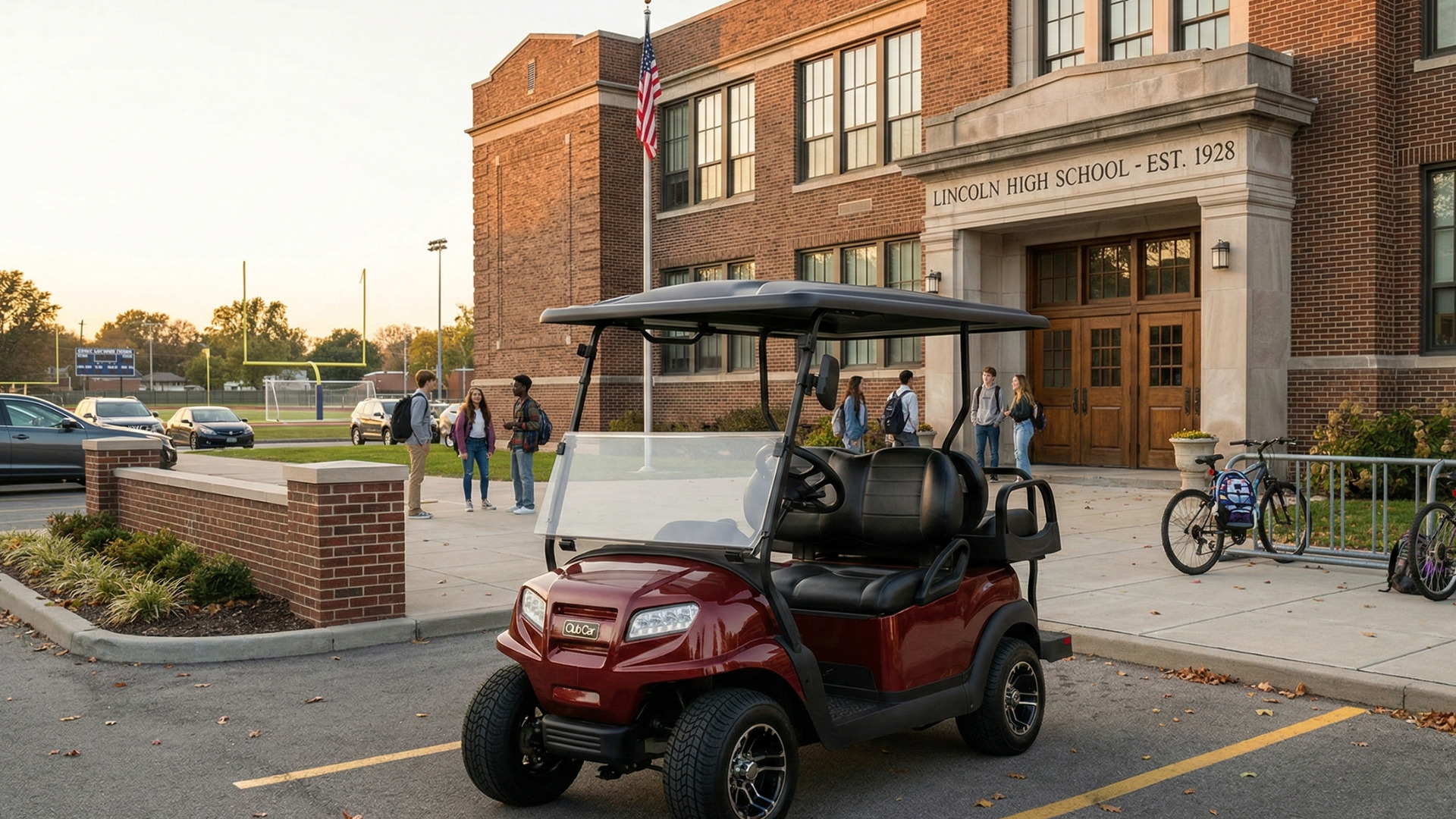 Red golf cart parked in front of Lincoln High School with students outside the entrance.