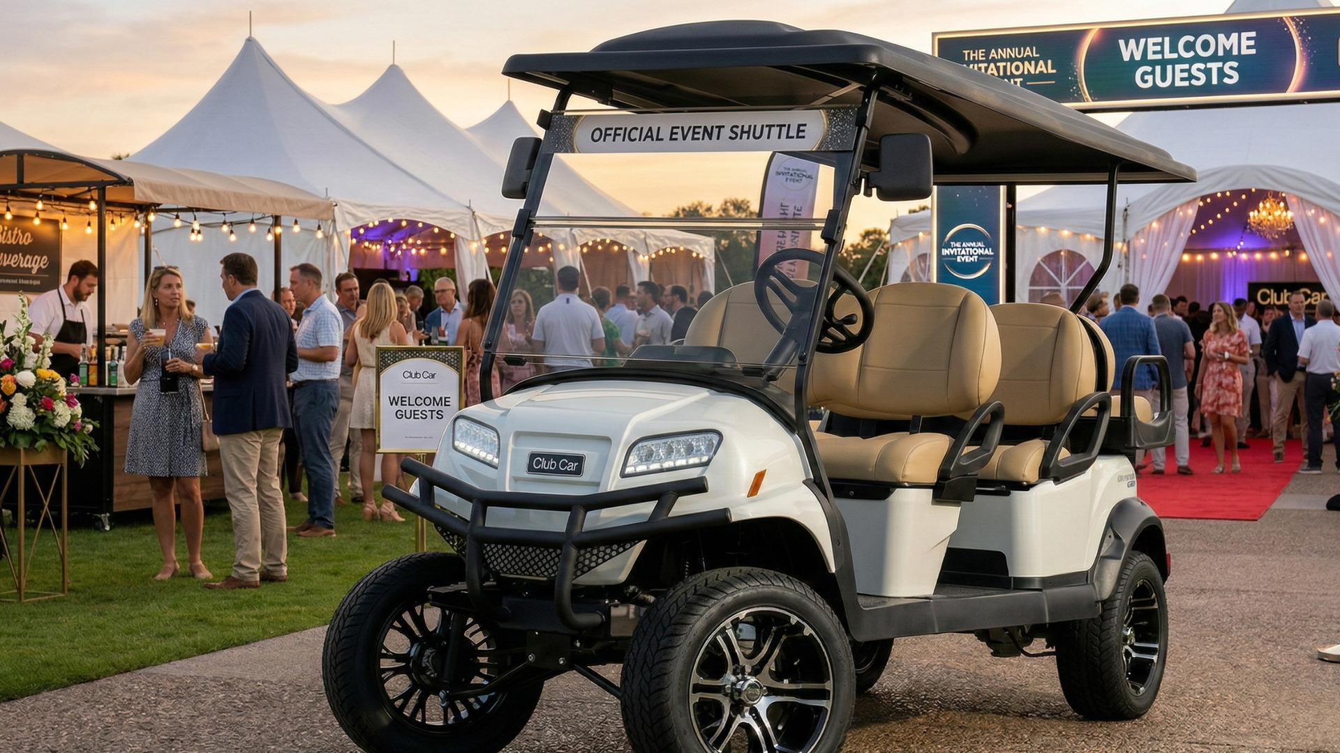White Club Car golf cart displayed as an official event shuttle at an outdoor event.