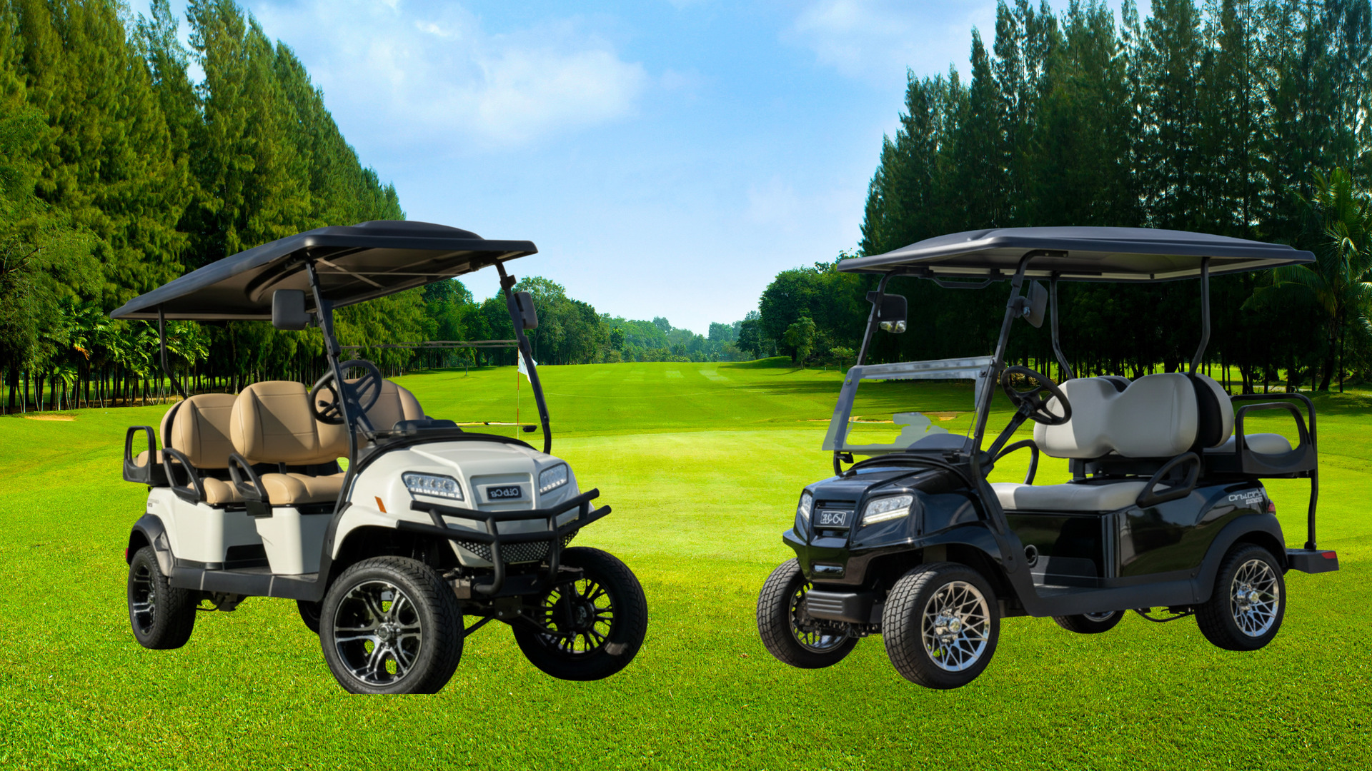 White and black Bintelli golf carts parked on a green golf course.