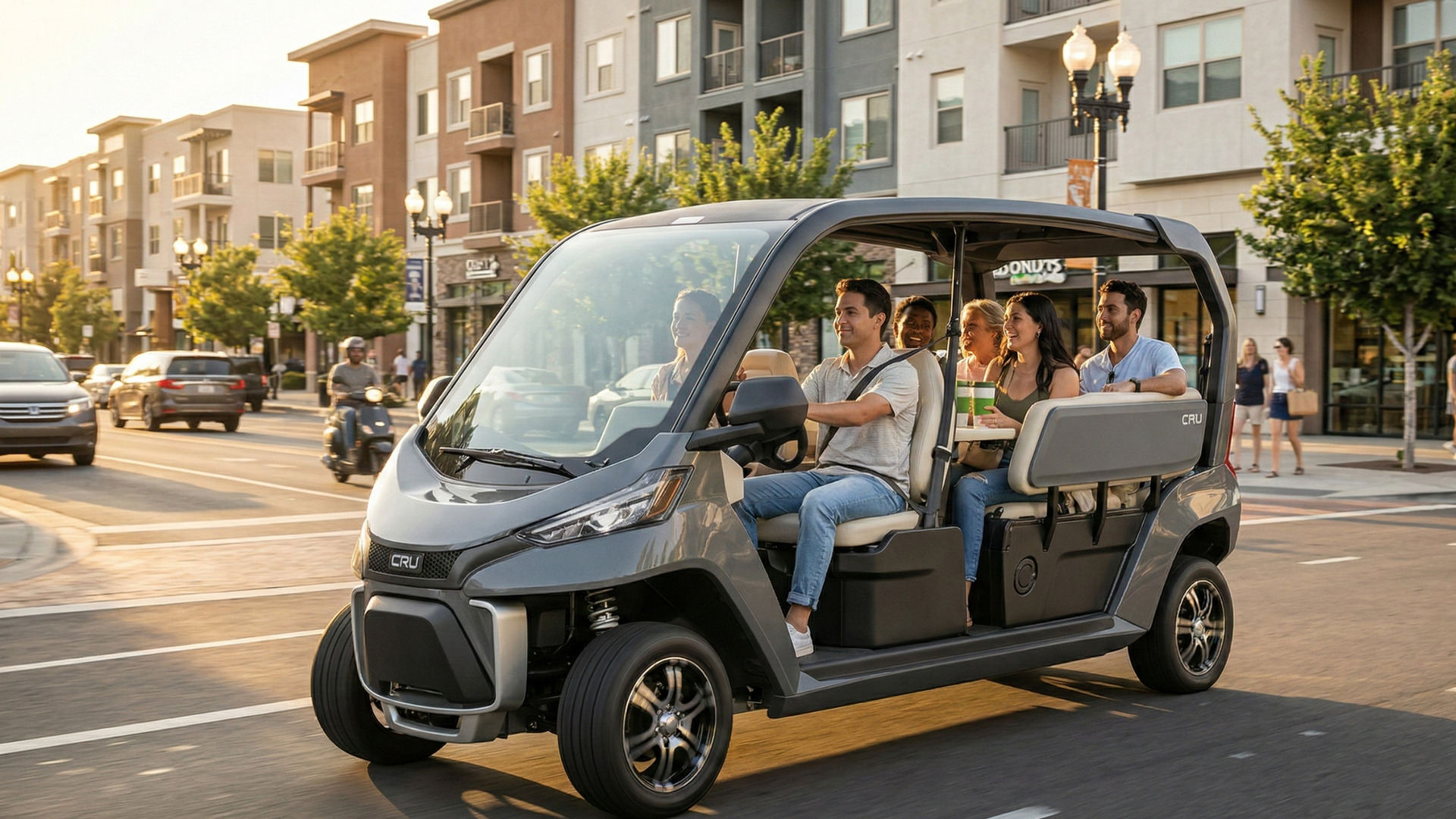 Gray CRU neighborhood electric vehicle driving through a city street with passengers onboard.
