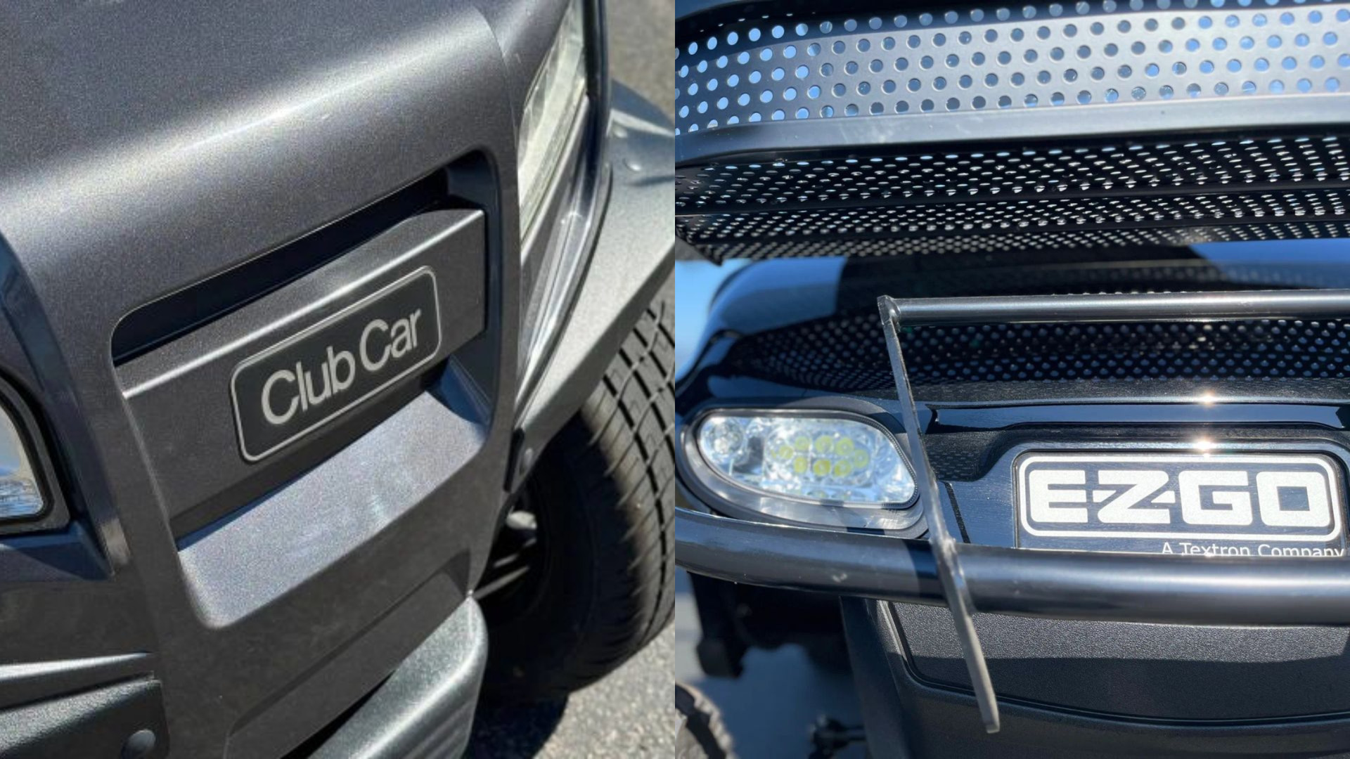 Split image showing close-up front details of Club Car and E-Z-GO golf carts.