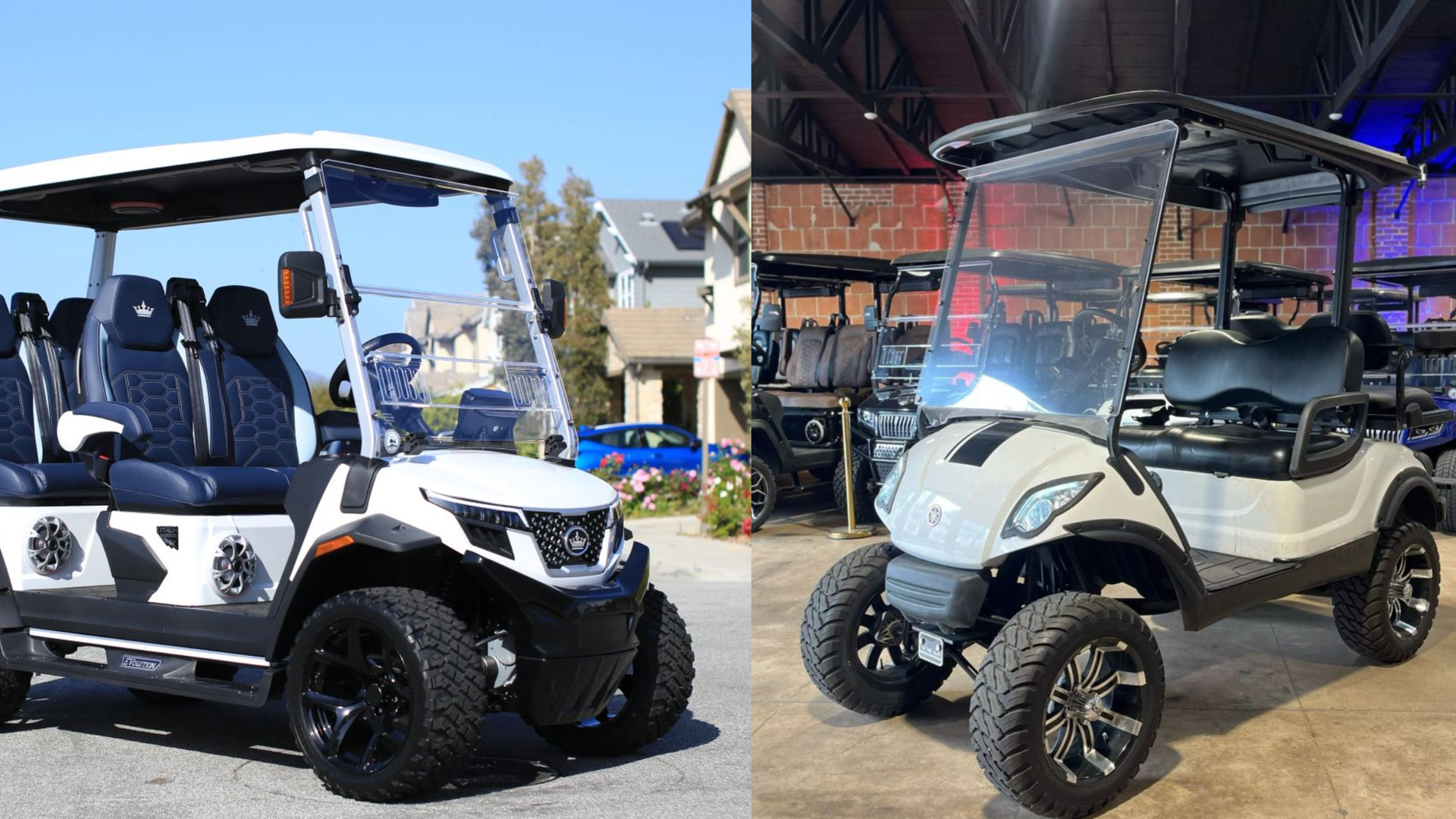 Split image of two customized golf carts in white and cream with lifted suspensions.