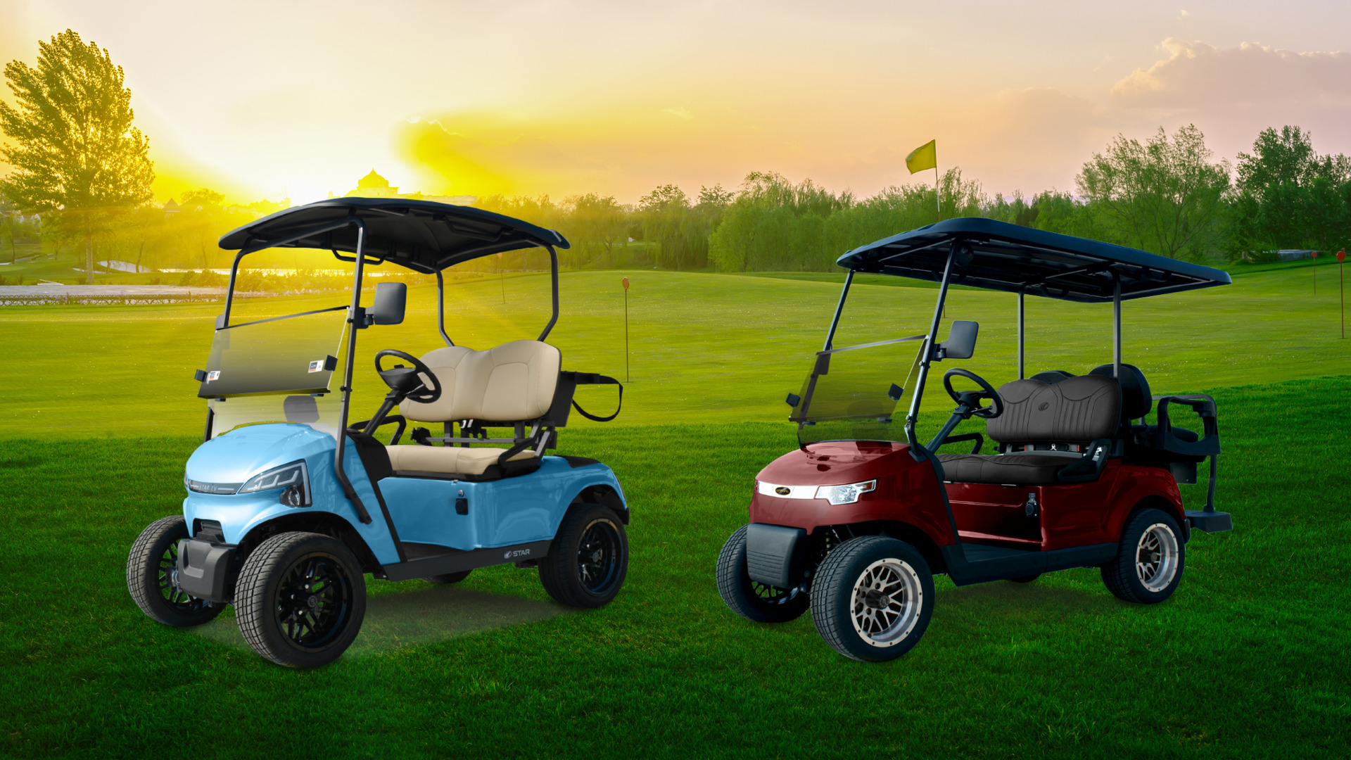 Two custom golf carts in blue and red parked on a golf course at sunset.