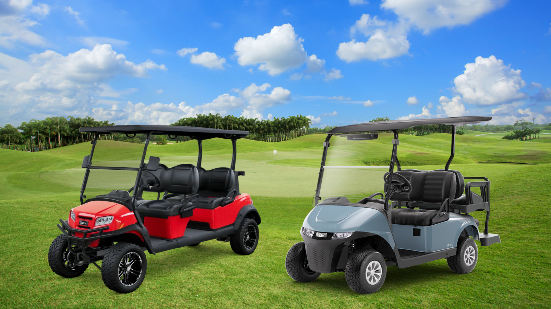Red and gray golf carts displayed side by side on a bright golf course.