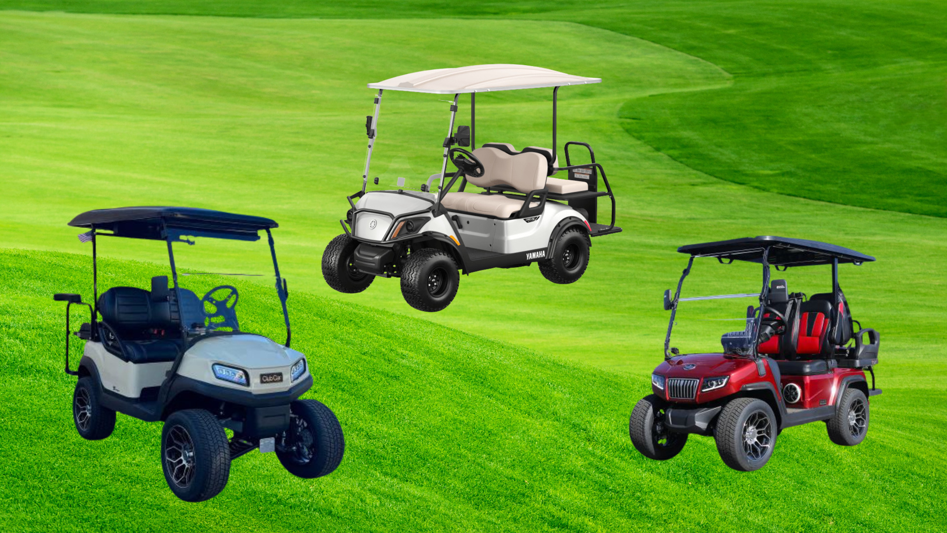 Three golf carts in white, silver, and red shown on a green golf course background.