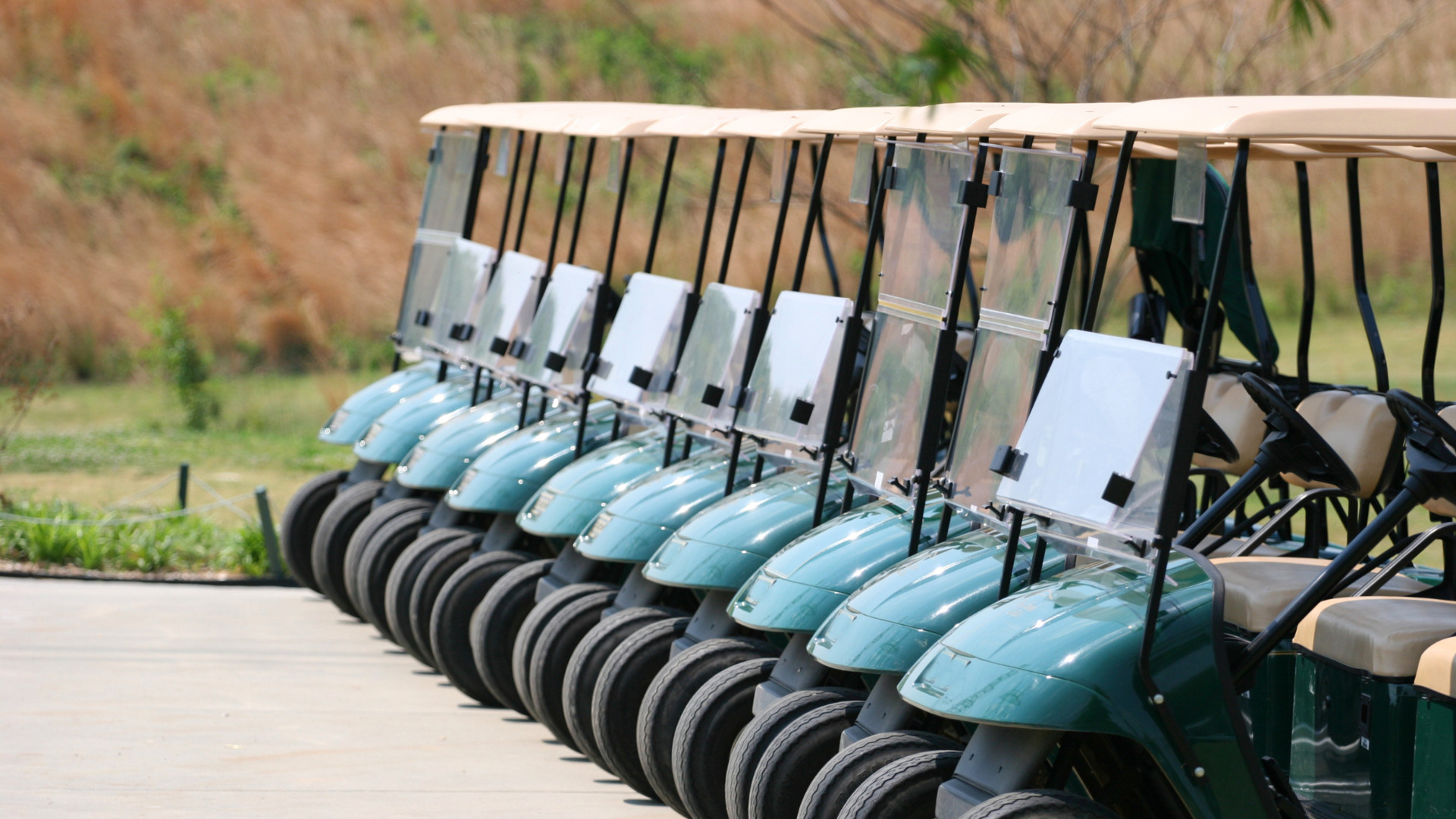 Row of green golf carts lined up outdoors with clear windshields and beige roofs.