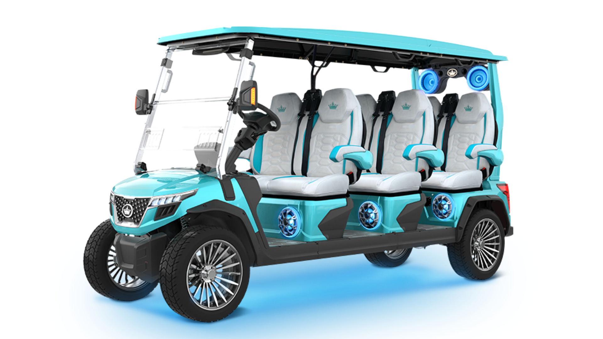 Teal six-passenger golf cart with white seats, black roof, blue speakers, and chrome wheels.
