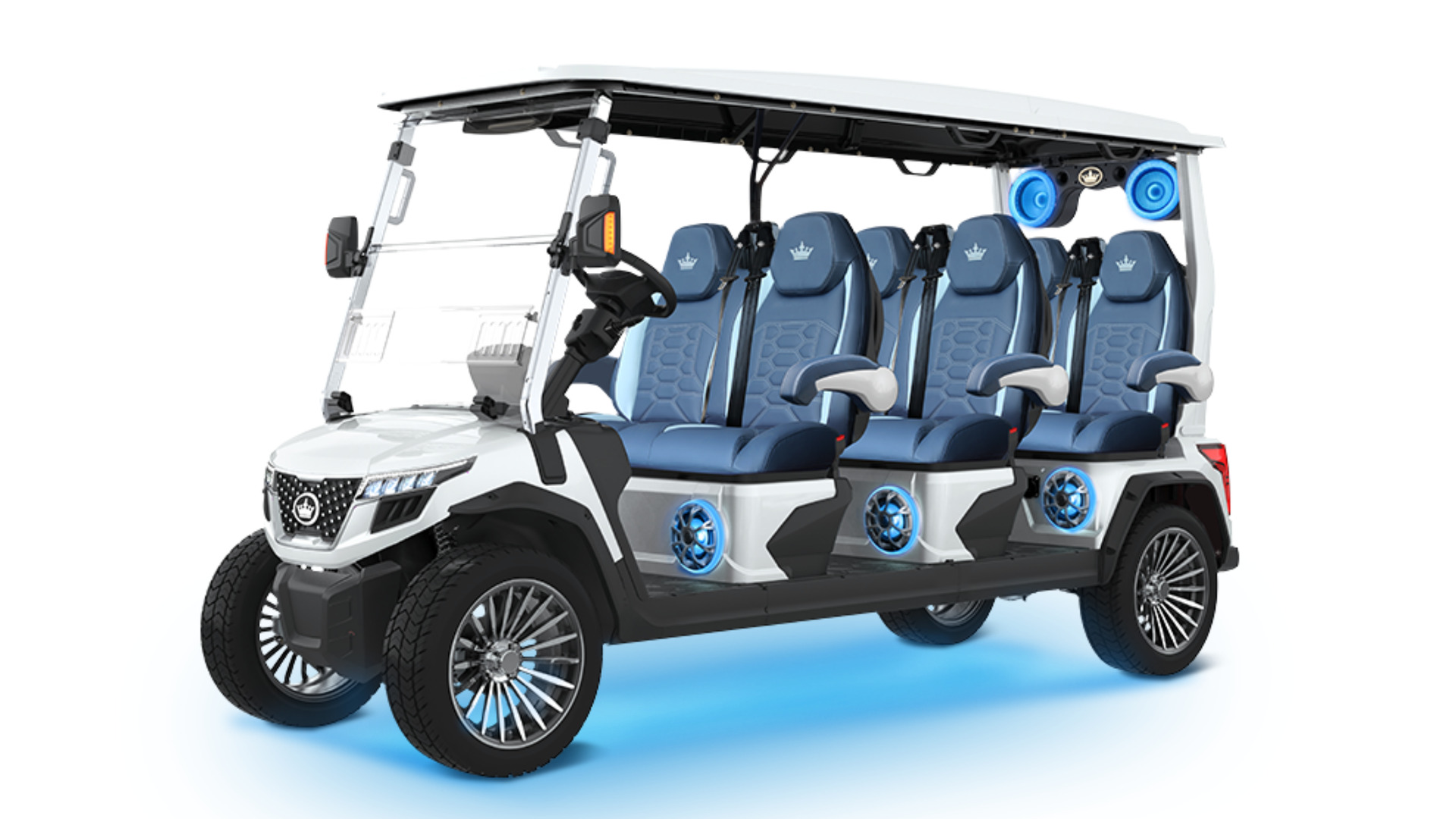 White six-passenger golf cart with blue seats, blue speakers, black roof, and chrome wheels.