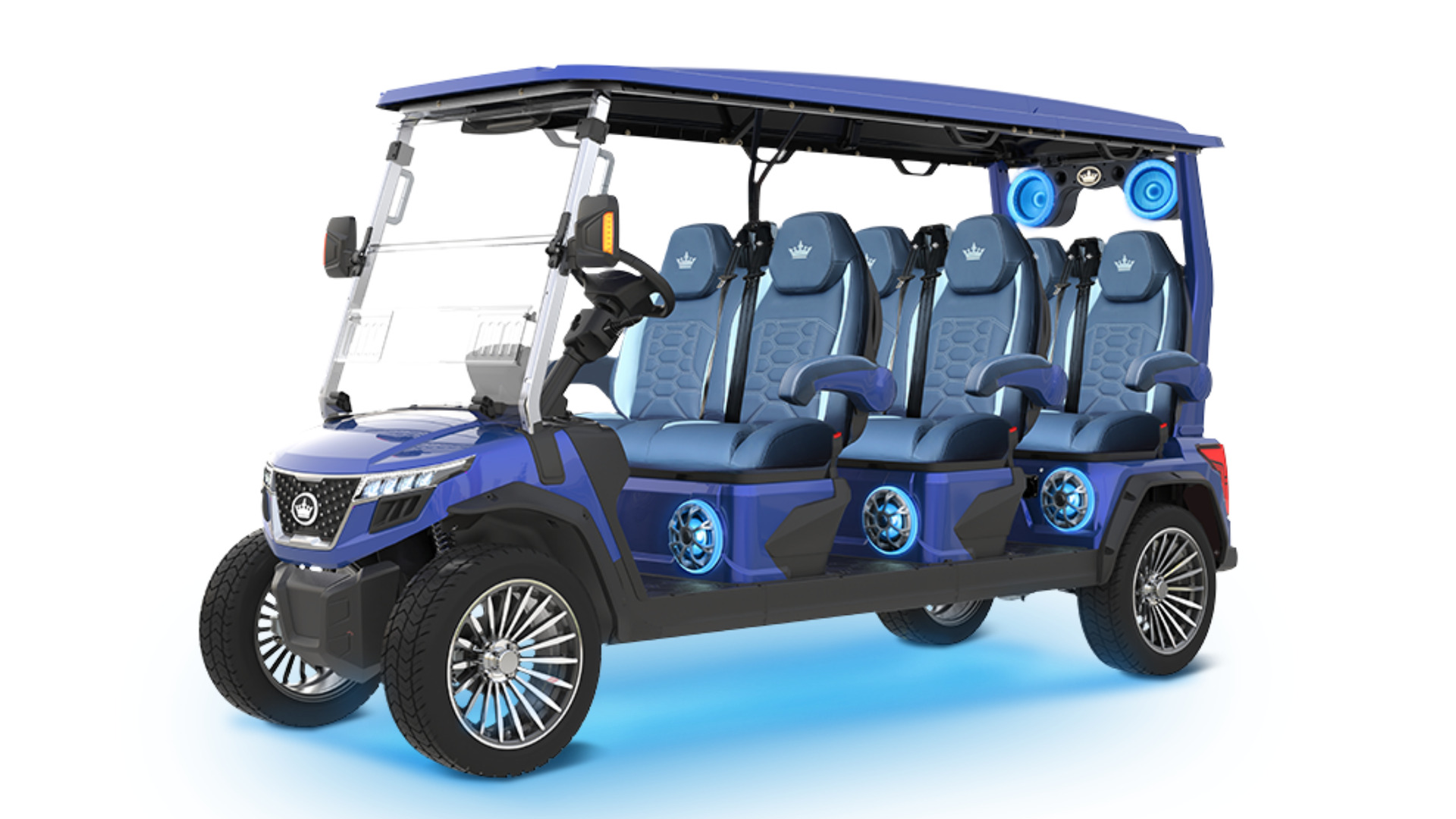 Blue six-passenger golf cart with matching seats, blue speakers, black roof, and chrome wheels.