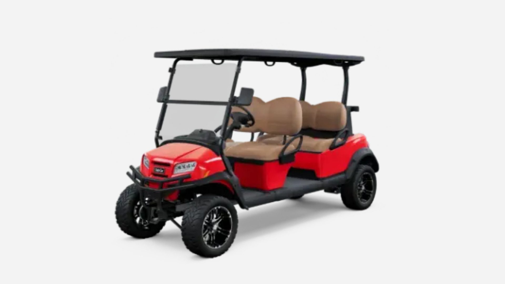 Red four-passenger Club Car golf cart isolated on white background.