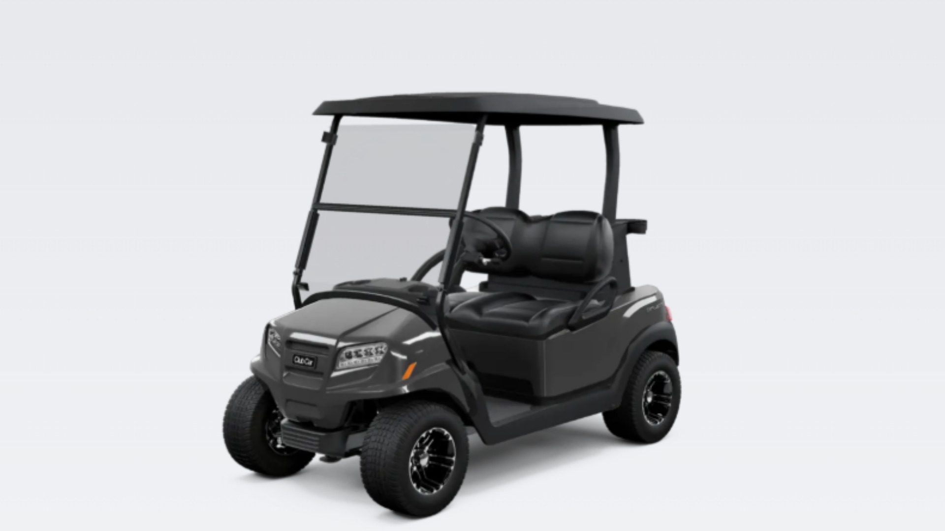 Gray Club Car golf cart isolated on white background with black seats.