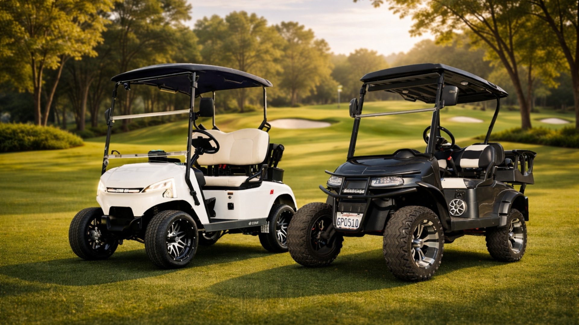 White and black custom golf carts parked side by side on a golf course.