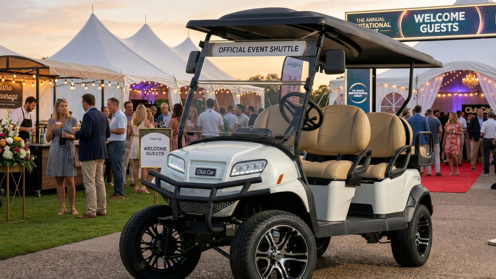 White Club Car golf cart displayed as an official event shuttle at an outdoor event.