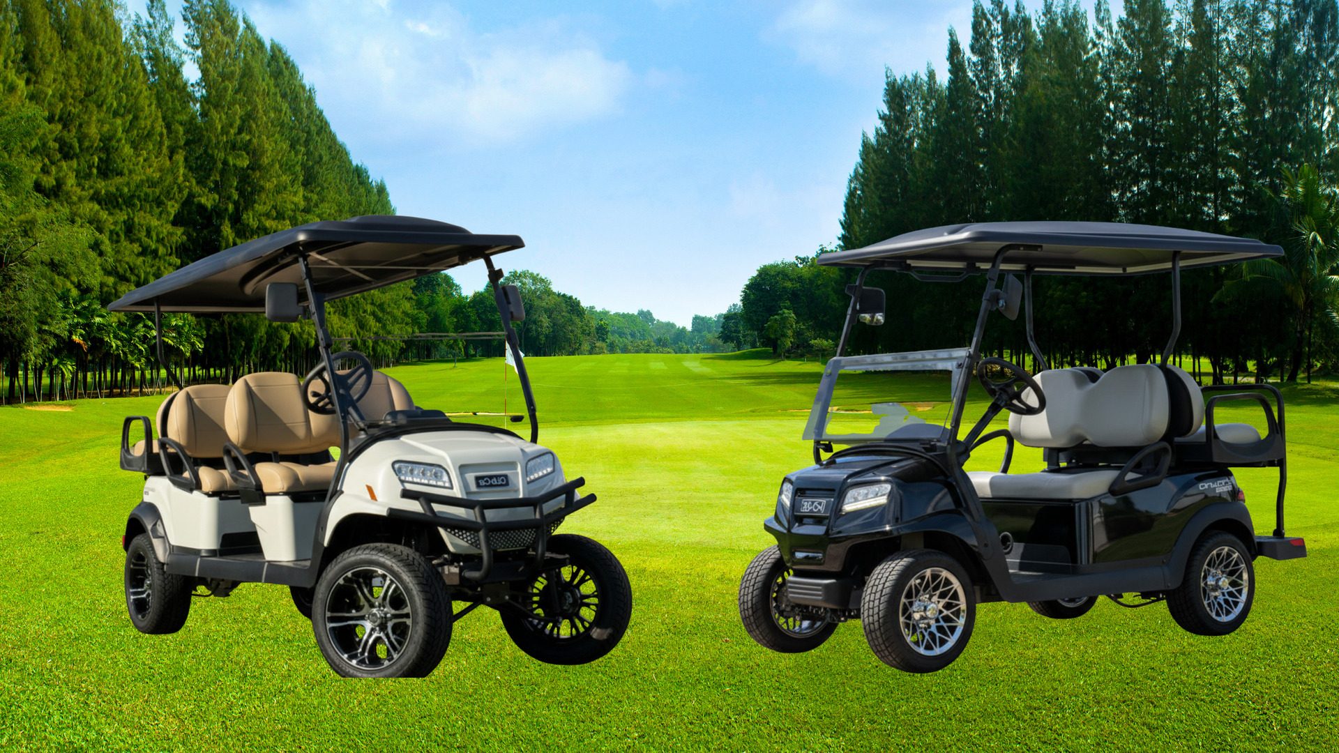 White and black Bintelli golf carts parked on a green golf course.