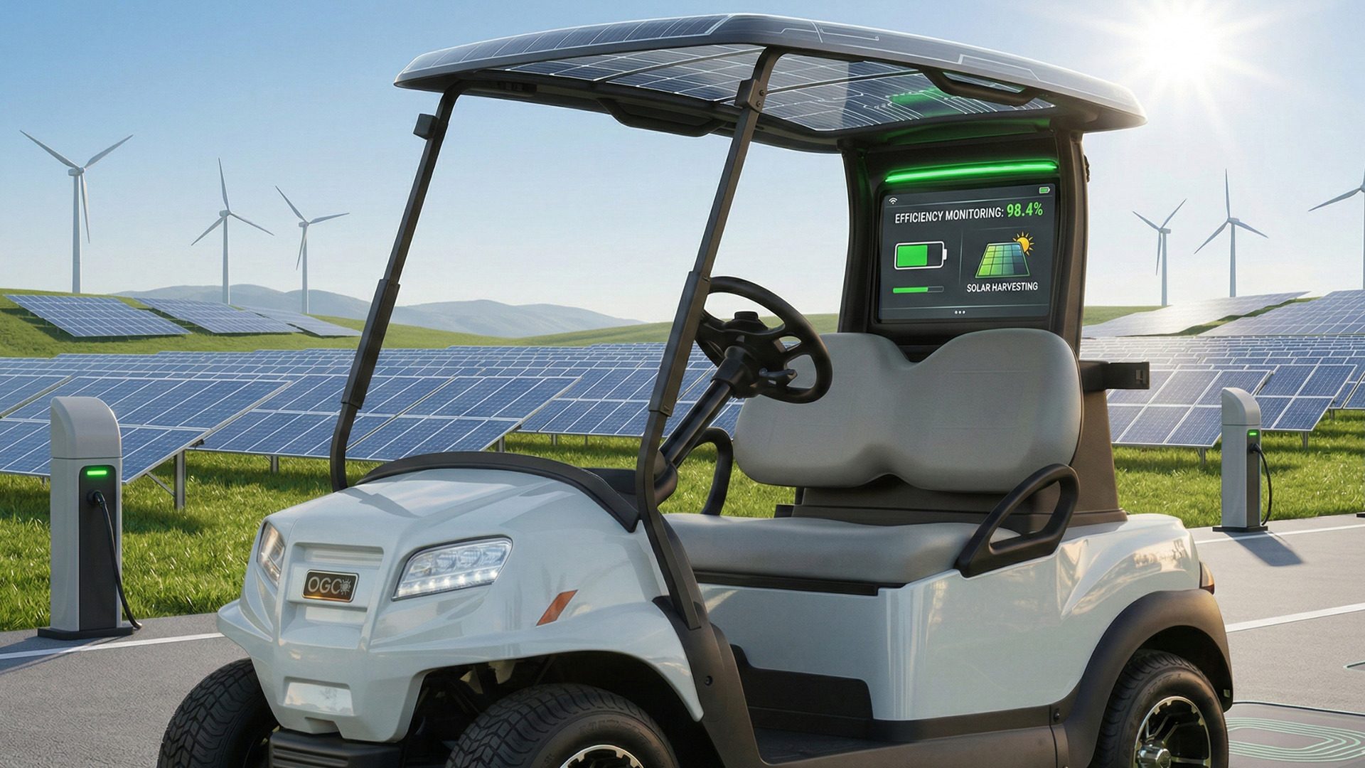 White solar-powered golf cart charging beside solar panels and wind turbines.