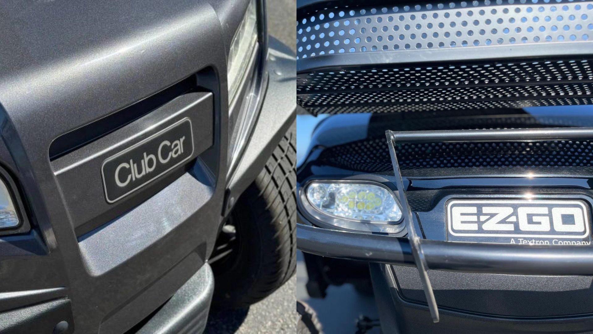 Split image showing close-up front details of Club Car and E-Z-GO golf carts.