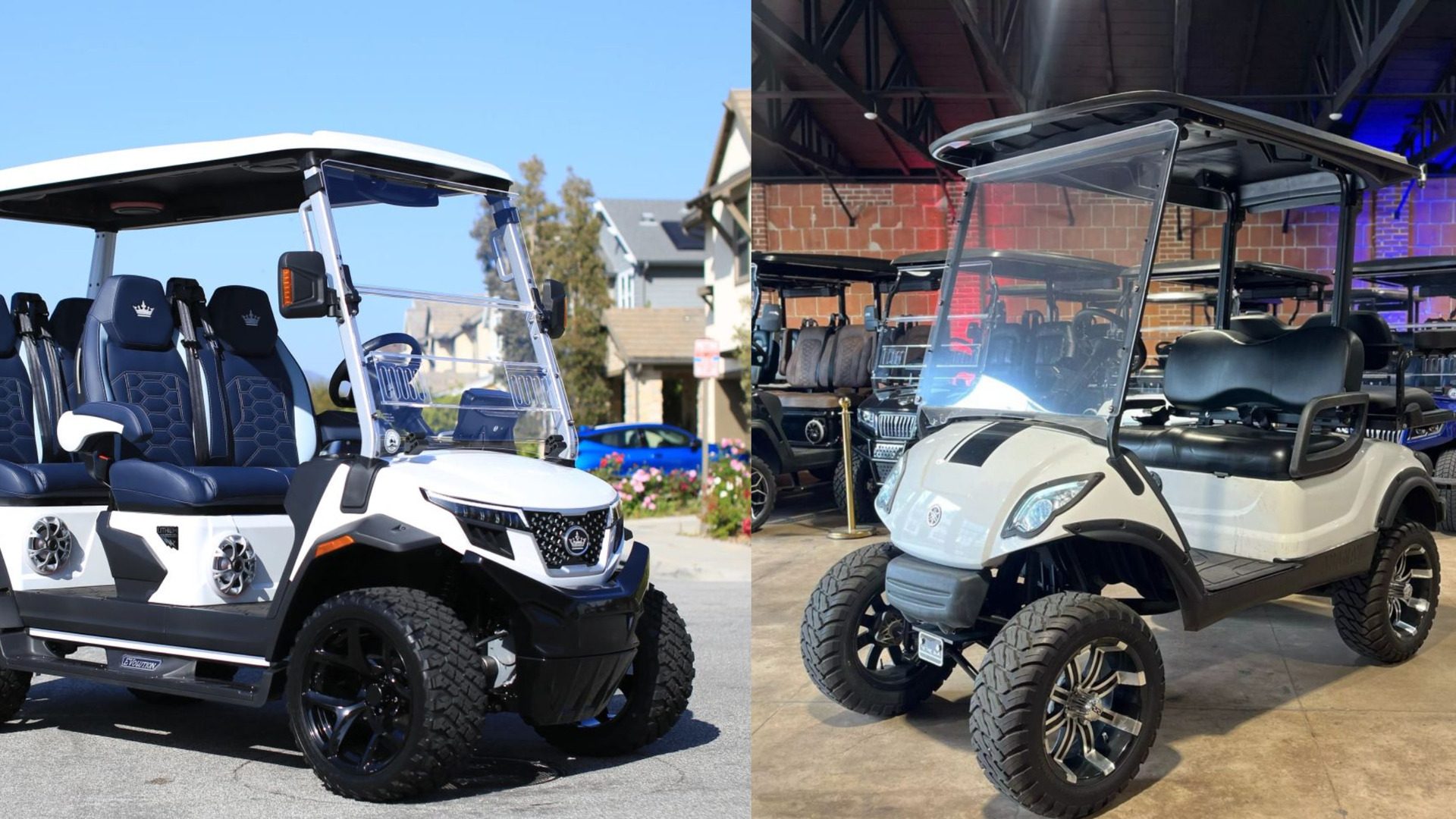 Split image of two customized golf carts in white and cream with lifted suspensions.