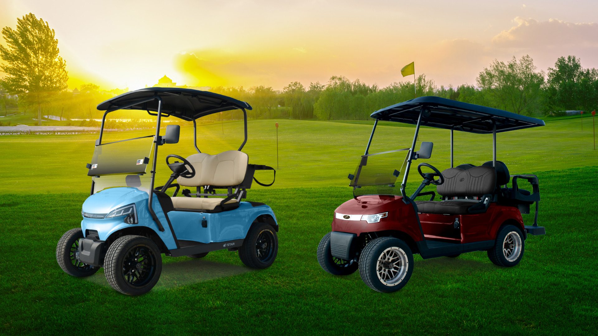 Two custom golf carts in blue and red parked on a golf course at sunset.