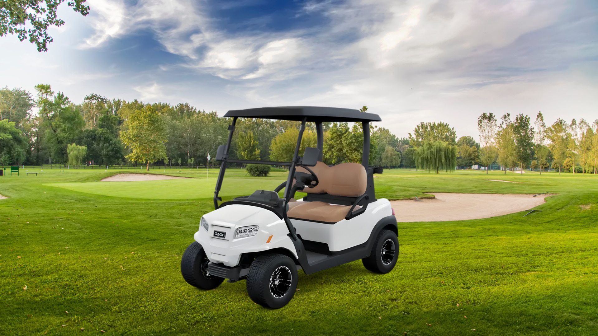 White golf cart with tan seats parked on a green golf course near a sand bunker.
