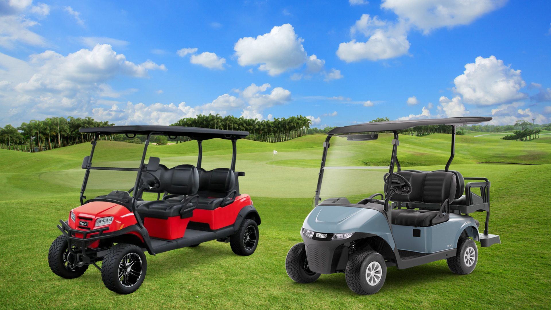 Red and gray golf carts displayed side by side on a bright golf course.