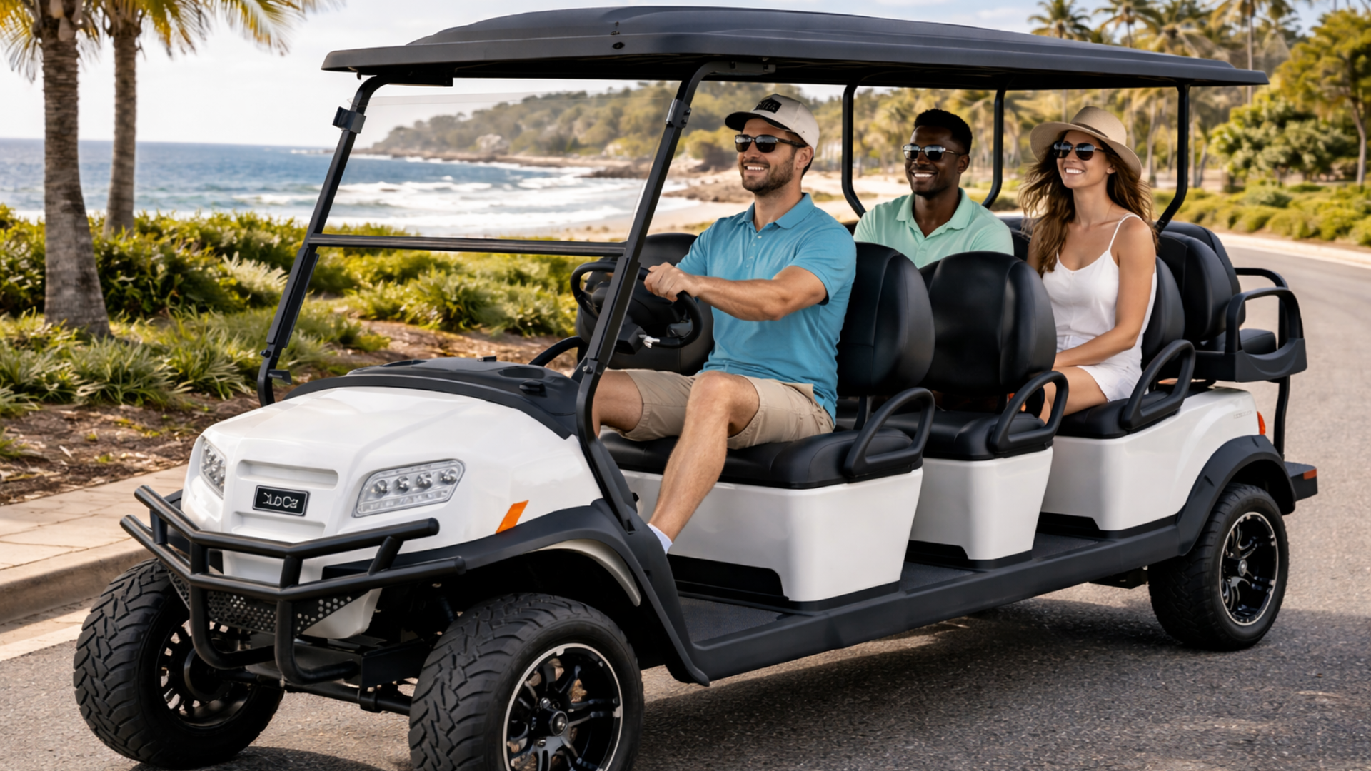 Three friends riding a white 6 passenger street legal golf cart along a beachfront road with palm trees, ocean waves, and coastal scenery.