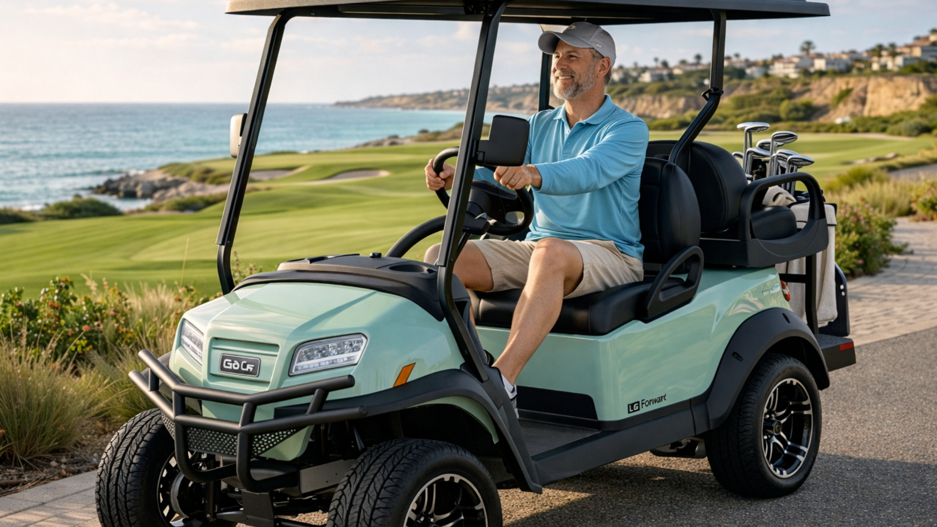 Older golfer driving mint green street legal golf cart beside a seaside fairway with ocean cliffs, putting green, and golf bag on rear rack.
