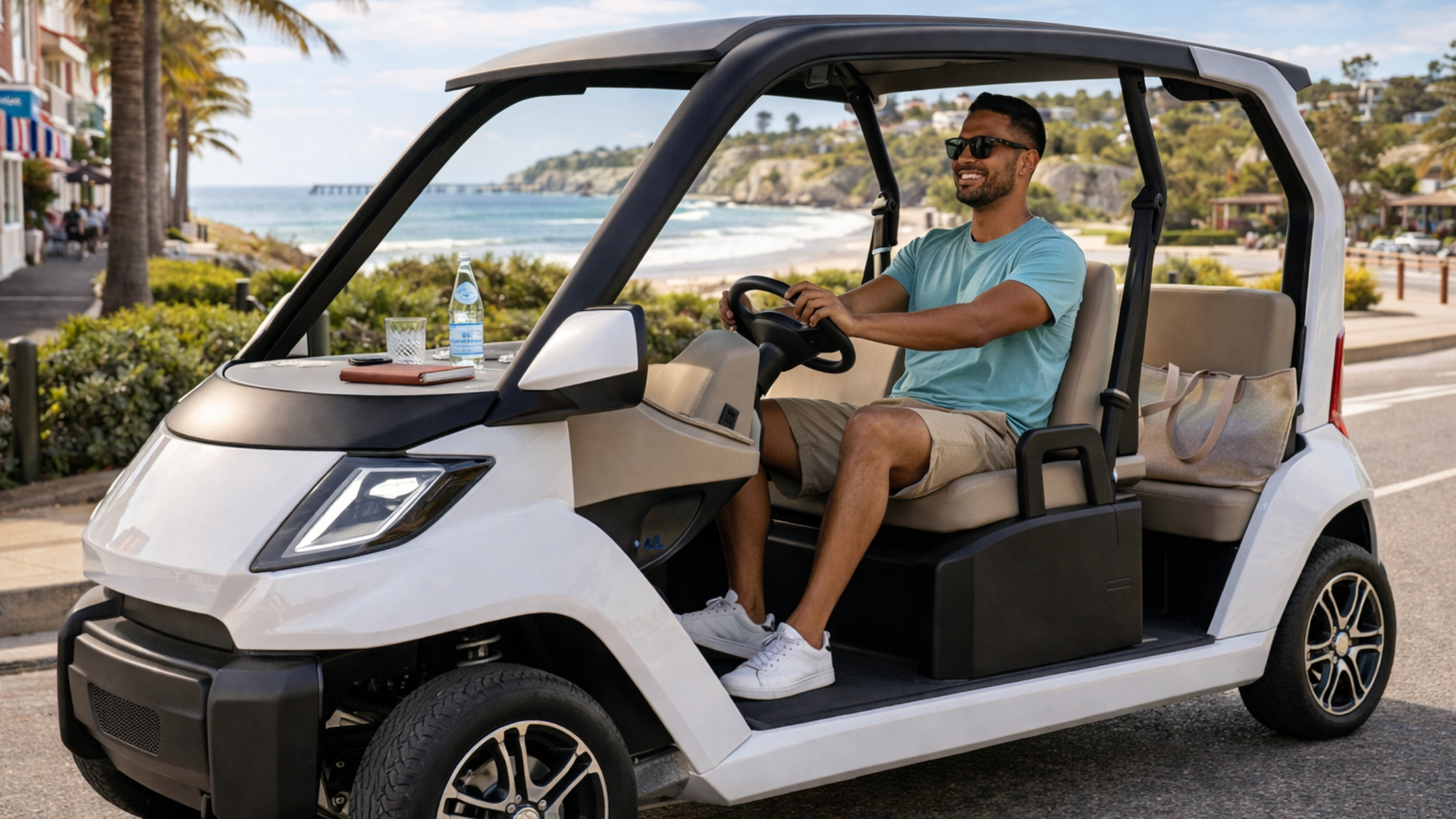 Open side white resort golf cart with built in table, water bottle, glasses, and tote bag parked by an oceanfront golf course and coastline.